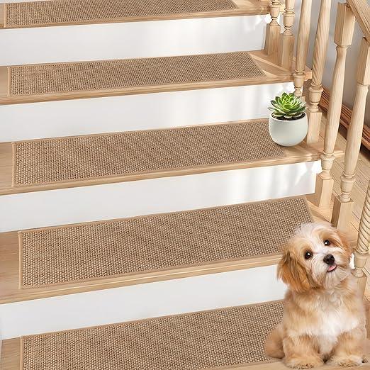 Szyeequoo Stair Treads Non Slip,Stair Treads for Wooden Steps Indoor,15 Pcs 8*30inch Stair Treads,Reusable Adhesive Stair Runner for kids&Dogs,Surface Polyester TPE Backing Carpet Stair Treads Brown