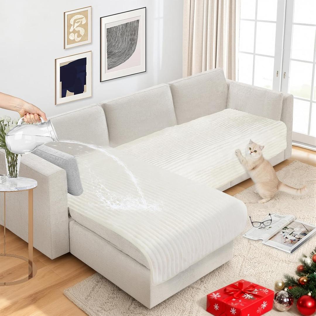 NAISI Couch Covers for Dogs Waterproof Flannel Striped Sofa Cover Pet Friendly Washable Dog Mat for Couch Anti Slip Sectional Sofa Slipcover Protector(2pcs/35"x63"+35"x70",Cream)