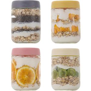 16 OZ 4Pack, Overnight Oats Jars with Lids, Glass Meal Prep Containers, Airtight Mason Jars for Breakfast, Yogurt Parfait, Salad & Smoothies, Leakproof and Reusable Food Storage Jars(4-2)