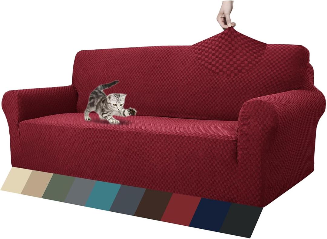 ZNSAYOTX 1 Piece Jacquard Couch Covers for 3 Cushion Couch Living Room High Stretch Sofa Cover Pets Dogs Friendly Anti Slip Thickened Slipcovers Furniture Protector (Sofa, Red) (Large (71"-90"))