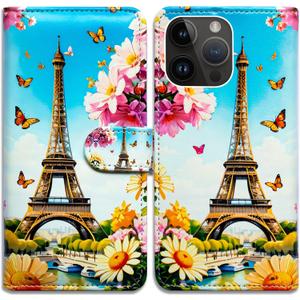 Case for iPhone 16 Pro with RFID Blocking,Eiffel Tower Butterfly Flowers Leather Flip Phone Case Wallet Cover with Card Slot Holder Kickstand for Apple iPhone 16 Pro