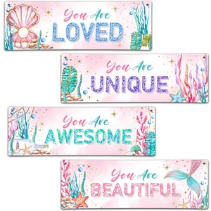 4 Pieces Mermaid Girls Bathroom Room Decor, 11.8" x 3.9" Under the Sea Wall Decor Wood Sign, Motivational Wall Art For Kids Room Nursery Playroom Classroom-A07