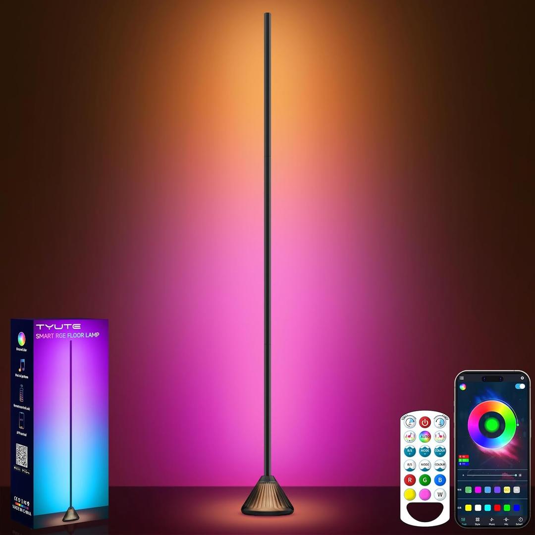 Tyute RGB Corner Floor Lamp, LED Standing Lamp with Luminous Base, Music Sync and 16 Million Colors, App & Remote Control, Color Changing Mood Light for Bedroom, Living Room, Gaming Room