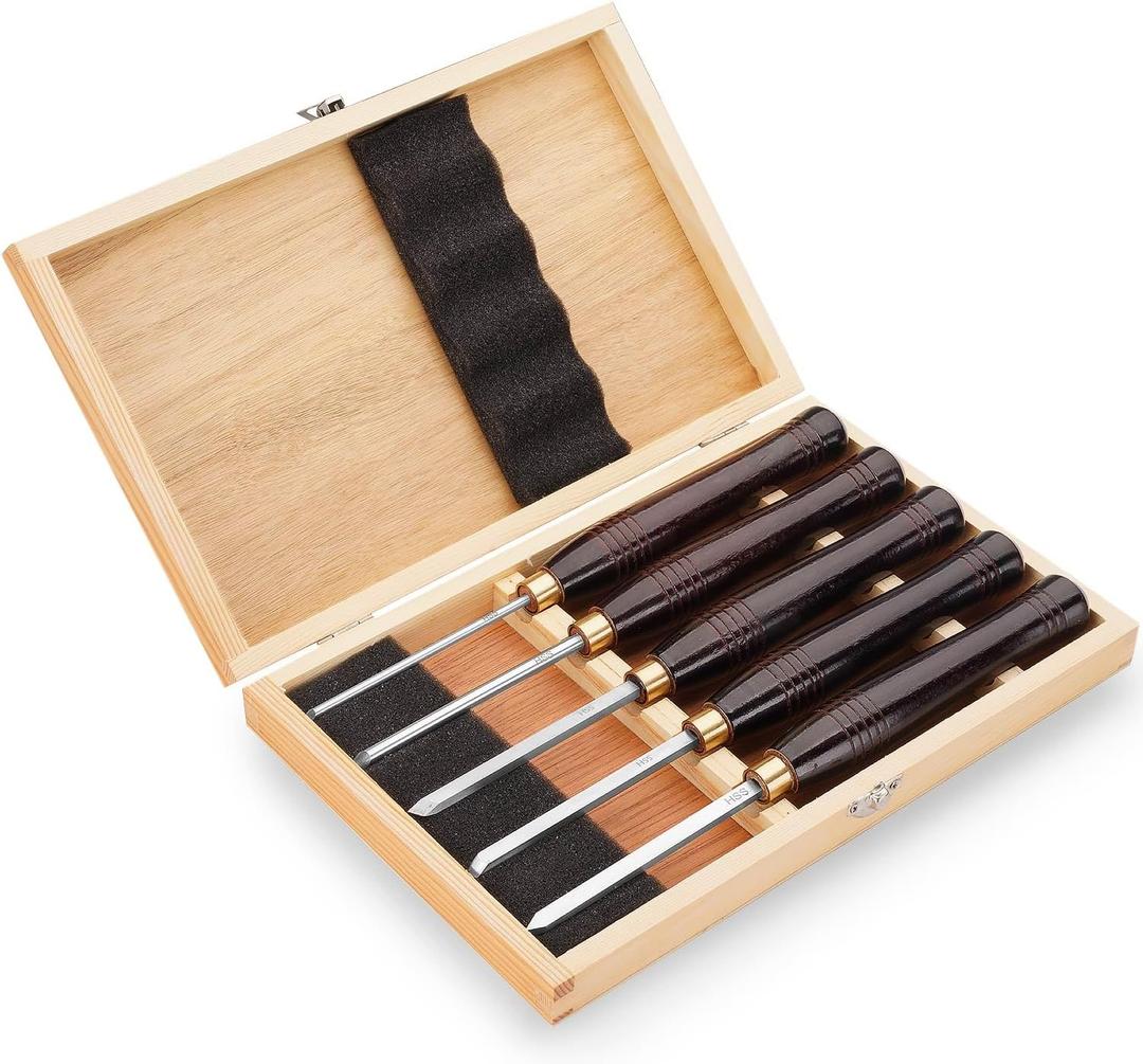 Woodworking HSS Wood Turning Tools Lathe Chisel Set of 5 pcs Mini with Wooden Box, Ideal for Pen Turning and Small Projects