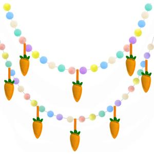 Easter Party Decorations Garland, 2pcs Pom Pom Balls Banner with 3D Felt Carrots Hanging Pastel Birthday Decorations Rainbow Wall Window Fireplace Tree Decor for Home Office Classroom Easter Supplies