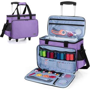 LUXJA Sewing Machine Case with Detachable Dolly and Removable Bottom Pad, Rolling Tote Fits Most Standard Machines, Purple
