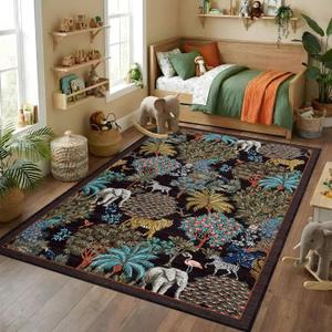 GarveeHome Jungle Animal Print Rug 4x6 Washable Area Rugs for Living Room, Forest Rug Non Slip Soft Low Pile Stain Resistance Throw Carpet for Bedroom Kids Playroom Nursery Black