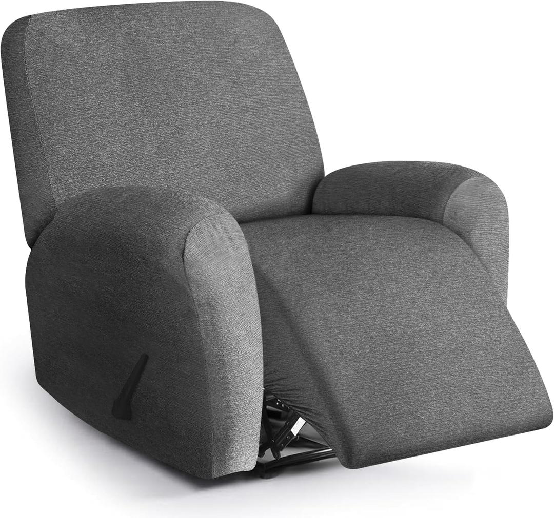 Recliner Chair Covers 4 Piece Stretch Couch Covers Recliner Slipcovers Couch Furniture Protector with Stripe Jacquard Sofa Cover Washable for Pets (Dark Grey) (1 Seater)
