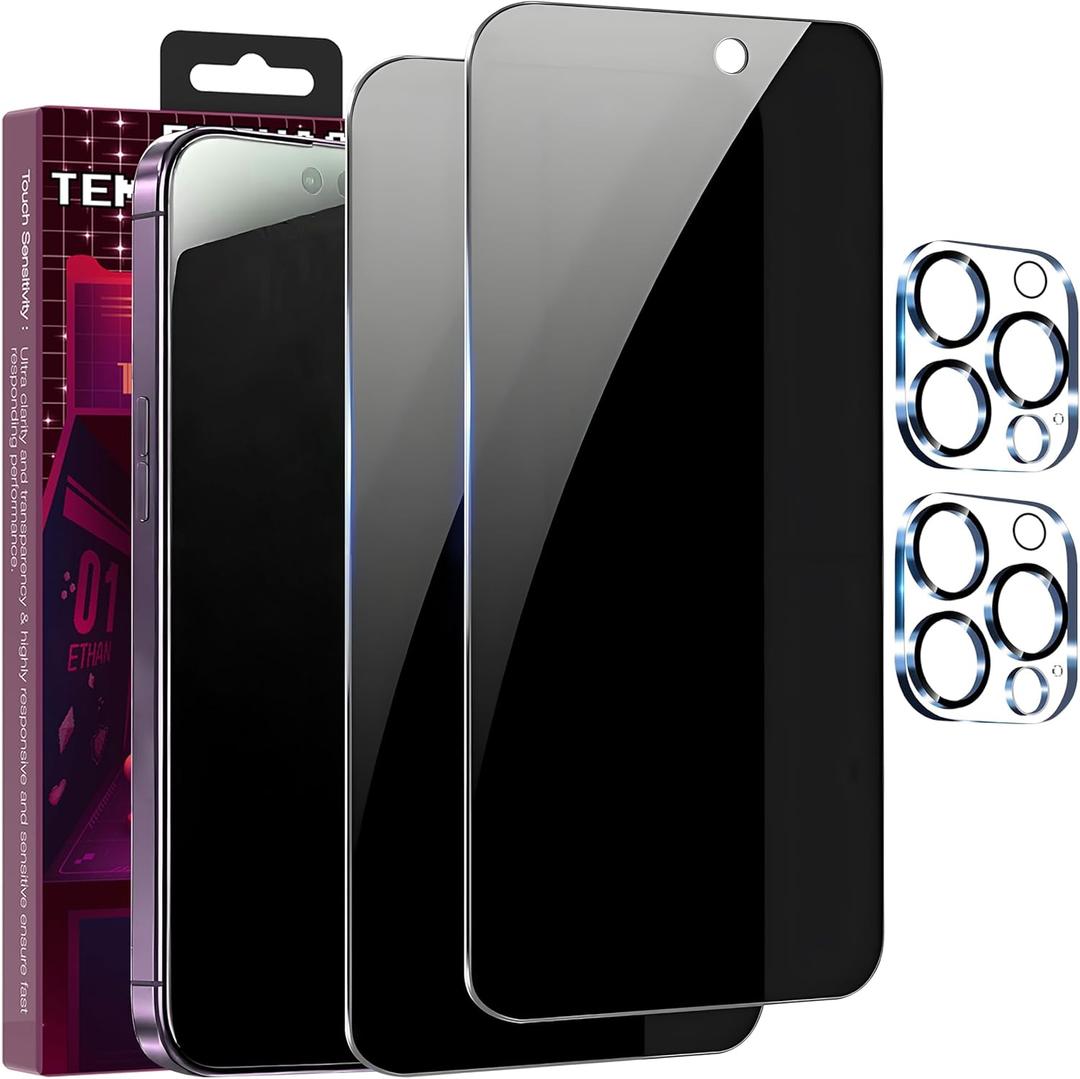 2+2 Pack for iPhone 14 Pro Privacy Screen Protector with Camera Lens Protector，9H Tempered Glass，True25°Anti Spy， Full Coverage Case Friendly