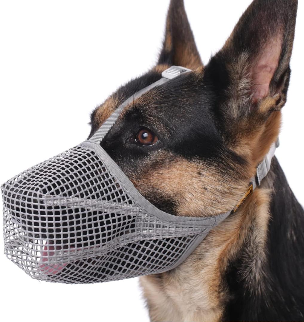 Mayerzon Dog Muzzle, Patented Mesh Muzzles for Small Medium Large Dogs, Soft Covered Mouth Guard with Adjustable Straps, Prevent Biting Chewing and Licking (L: Snout:11"-12", Grey)