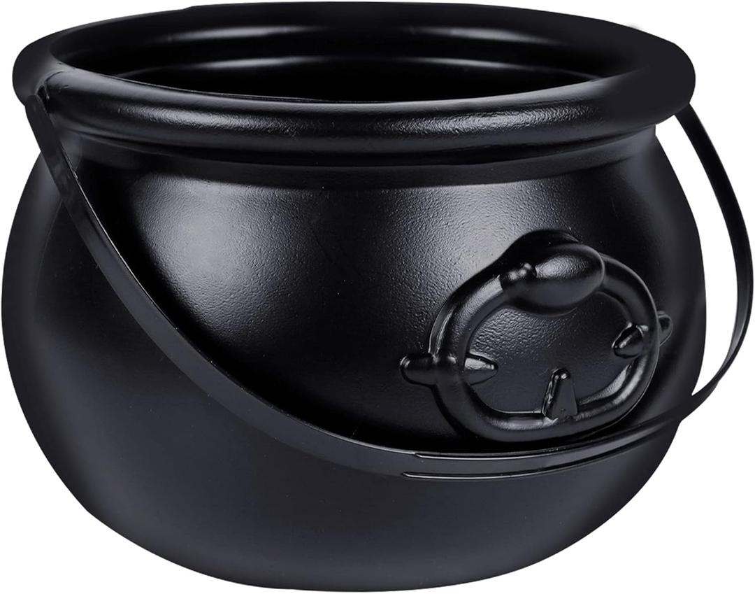 Zcaukya Halloween Large Cauldron, 7.4" Black Plastic Witch Pot with Handle, Vintage Cauldron Candy Bowl for Trick Or Treat, Dressing Accessories, Halloween Decorations