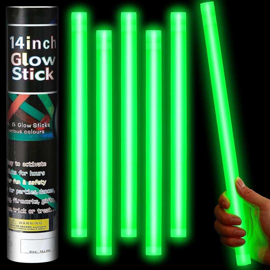 Lewtemi 5 Pcs Large Glow Sticks, 14 Inch Jumbo Light up Sticks Holiday Colorful Sticks Emergency Glow in The Dark Party Supplies for Camping, Halloween, New Year (Green)