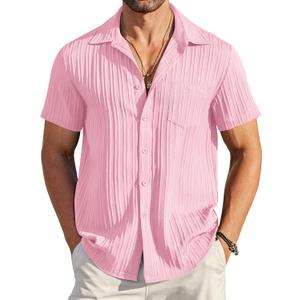 COOFANDY Men's Casual Button Down Shirts Short Sleeve Textured Summer Beach Shirt with Pocket (Pink, XXXL)