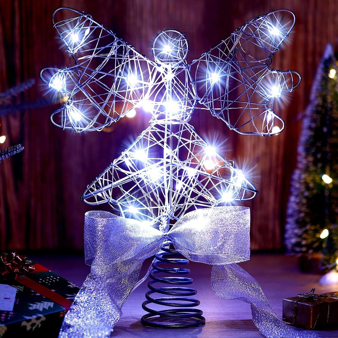 Sumind Angel Christmas Tree Topper with Bow and LED Light String, 9 Inch Lighted Glittered Angel Treetop Xmas Holiday Christmas Decorations Ornament, Not Pre-lit (Silver)