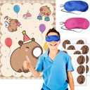 Capybara Birthday Party Decoration, Stickers at Party Guinea Pig Games,Pin The Nose Game with Eye Masks and Stickers,Large Poster and 24 Capybara Themed Birthday Gift