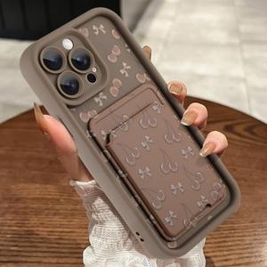 Compatible with iPhone 14 Pro Max Case with Card Holder, Bow Cherry Shockproof Soft TPU Protective Cover Women Girls, Anti Scratch Wallet Case for iPhone 14 Pro Max 6.7 Inch, Brown