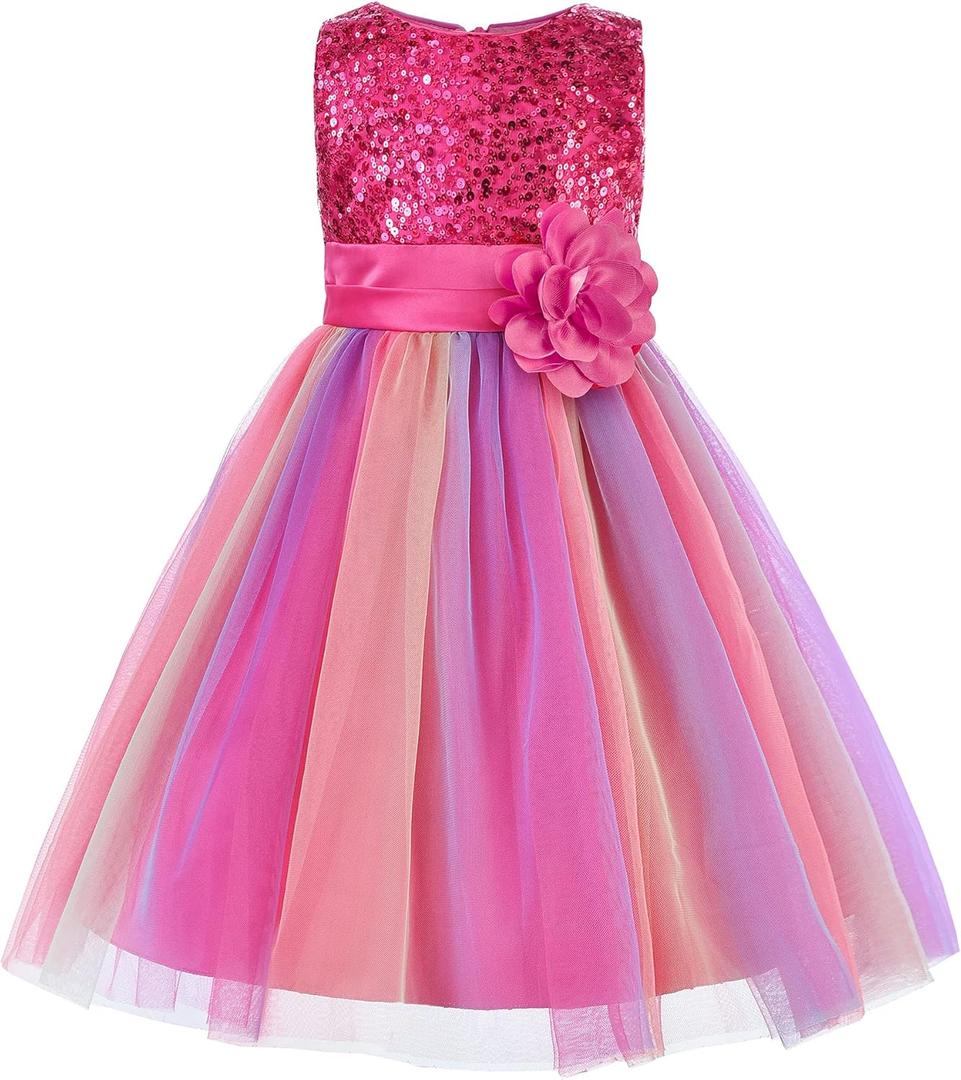Uhnice Little Girl's Sequin Sleeveless Mesh Rainbow Dress for Wedding Party (5-6 Years)