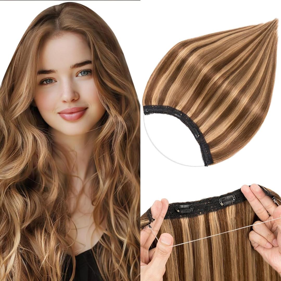 Halo Hair Extensions Real Human Hair,S-noilite Halo Hair Extensions,Halo Hair Extension for Women,100% Human Hair Halo Extensions,Halo Hair 65g/18inch 4P27 Medium Brown Mixed Dark Blonde