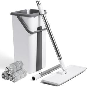 1 Set, Hands-Free Mop and Bucket with Wringer Set, Flat Floor Cleaning System with 3 Washable Microfiber Pads, Dust and Dirt Removal, Wet and Dry Use, Spin Mop for All Floor Types and Windows