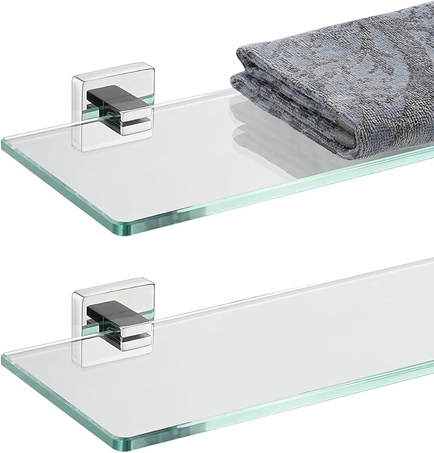 JQK Bathroom Glass Shelf, Floating Tempered Glass Shower Storage 12 by 5 inches, 304 Stainless Steel Polished Chrome Wall Mount 2 Pack, TGS201L12-CH-P2