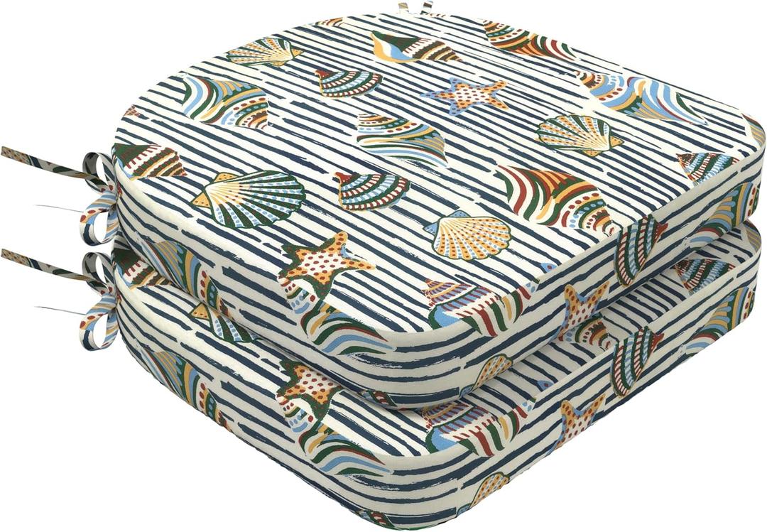 DYTXIII Outdoor Chair Cushions Set of 2, 19"x19"x2.5" Water Repellent & Fade Resistant Patio Dining Seat Cushions with Tie Straps, Indoor Outdoor Chair Pads for Patio Furniture -Crayon Shells