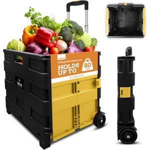 Inspired Living Ultra-Slim Rolling Collapsible Storage Pack-N-Roll Utility-carts, with Telescopic Handle, for Home, Garden, Shopping, Office, School use, Large, Yellow & Black