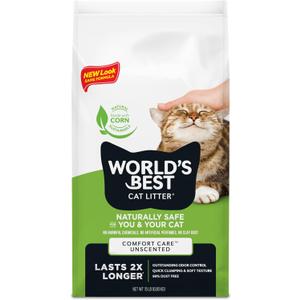 WORLD'S BEST CAT LITTER Comfort Care Unscented 15-Pounds - Natural Ingredients, Quick Clumping, Flushable, 99% Dust Free & Made in USA - Long-Lasting Odor Control & Easy Scooping