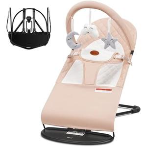 HKAI Baby Bouncer, Portable Baby Bouncer Seat for Babies 0-18 Months, 100% Cotton Fabrics, 3 Modes of use with Rocker and Stationary Options, Infant Rocker Chair with Hanging Toys- Purple