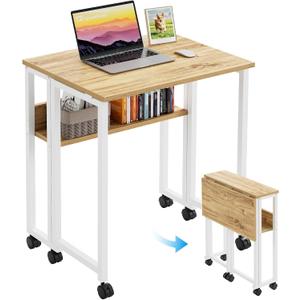 GreenForest Folding Desk Small Rolling Desk with Storage Shelf, 24.8 inch Foldable Computer Desk with Wheels for Small Space, Easy Assembly, Oak