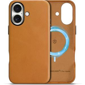 SHIELDON Case for iPhone 16, Genuine Leather Magnetic Wireless Charging Slim Fit Elegant Non-Slip Shockproof Protective Phone Cover with Metal Buttons Compatible with iPhone 16 - Retro Light Brown