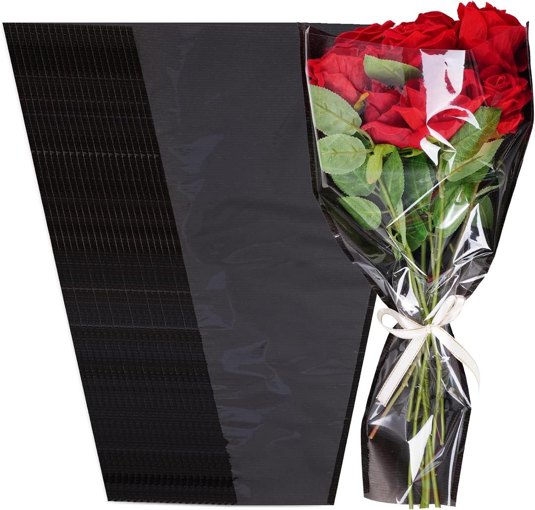 Baotongle 20 Pack Flower Bags for Bouquets Black Flower Sleeves for Bouquets Bags with Ribbon for Valentine's Day Birthday Wedding Graduation Father's Day Gift Packing (Black)