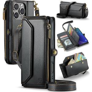 Strapurs Wallet Case Compatible with iPhone 16 Pro 6.3" RFID Blocking 10-Card Holder Soft PU Leather Magnetic Snap Shoulder Strap Zipper Pocket Phone Case Fit for iPhone 16 Pro for Women - Black