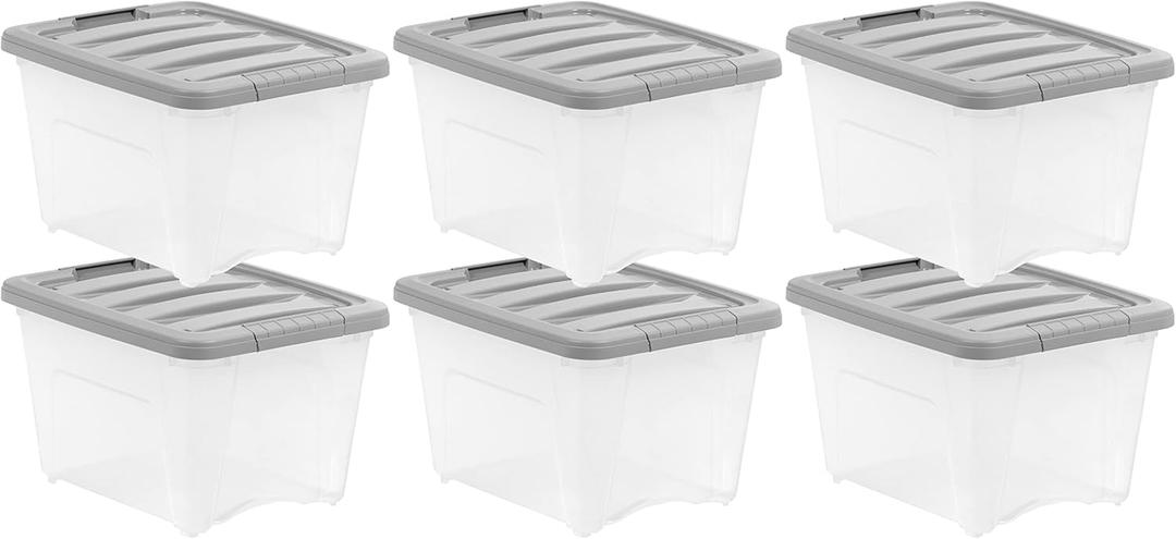Plastic Storage Containers with Secure Latching Lids, Stackable Organization Bins, Clear/Grey, 19 Quart, Set of 6