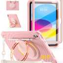 BRAECN Ripple Case for iPad (A16)11th/10th Generation 11/10.9 inch 2025/2022 Zinc Alloy Handle Ring Stand Protective Heavy Duty Screen Protector 360Rotating 180Folding Shoulder Strap Full-Body Cover (Primrose Pink)