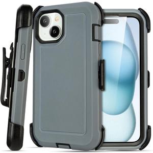 Shockproof Case for iPhone 15 with Belt Clip, Heavy Duty Rugged, Anti-Drop,3 Layers of Sturdy,Protection i Phone 15 Case, Grey