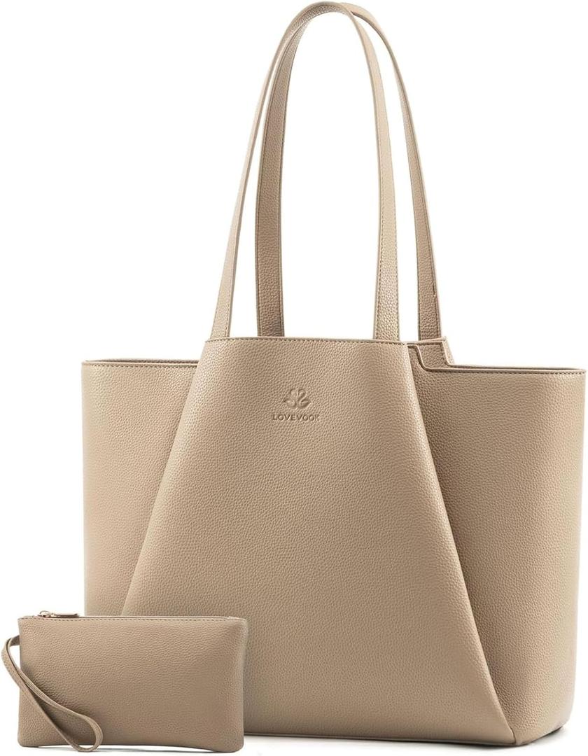LOVEVOOK 17" Faux Leather Laptop Tote w/Clutch | Large Capacity Work Bag for Women | Business Travel | Sandy