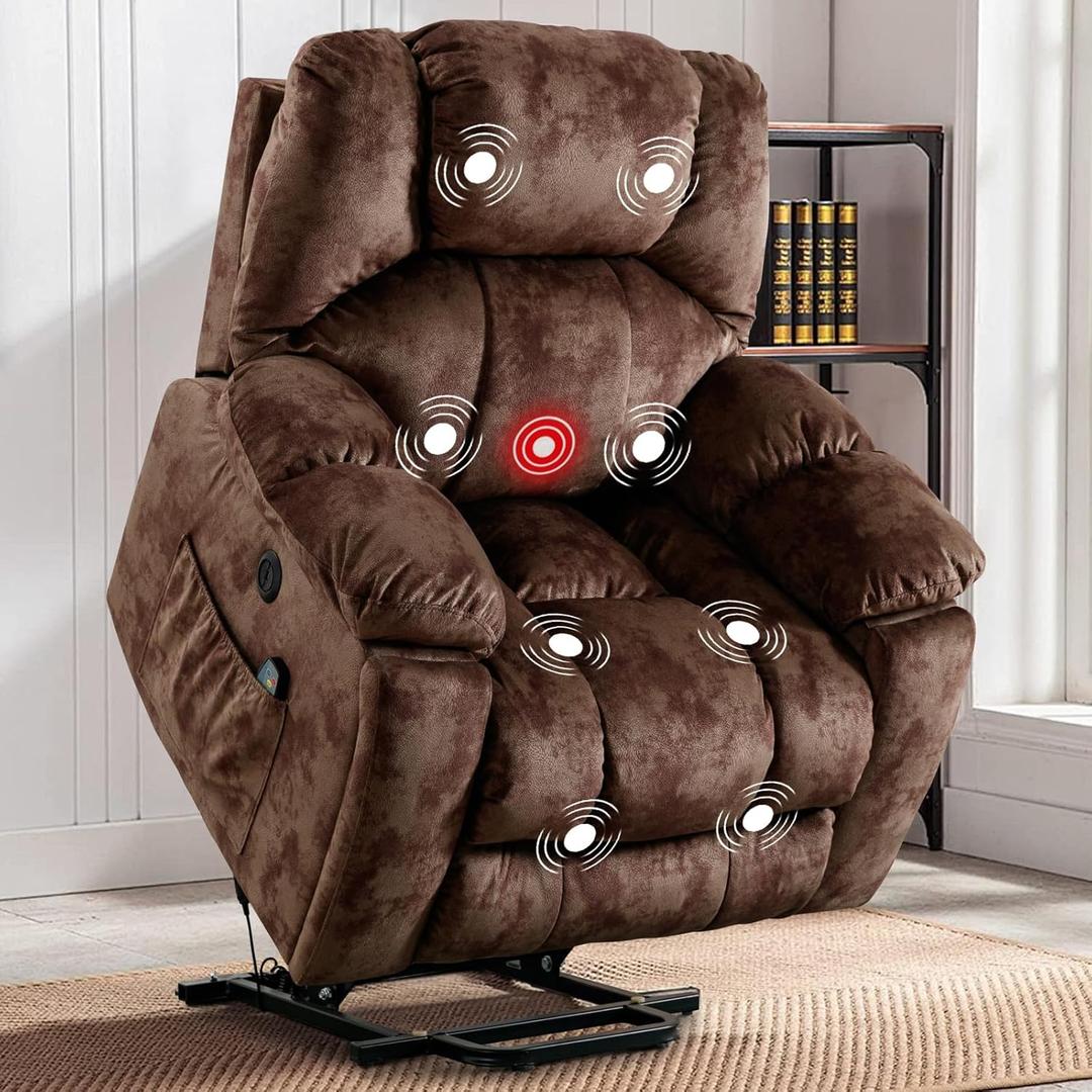 Phoenix Home Large Power Lift Recliner with Massage and Heat for Elderly, Electric Chair with USB Port, 2 Hidden Cup Holders, Caramel Brown