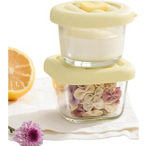 2 Pack 4 OZ Mini Square Glass Food Storage Containers with Lids,Small Food Jars Clear Glass Container with Measurement for Sauce,Snack,Yogurt,Dressing,Dip,Dessert,freezer Microwave Safe (yellow)