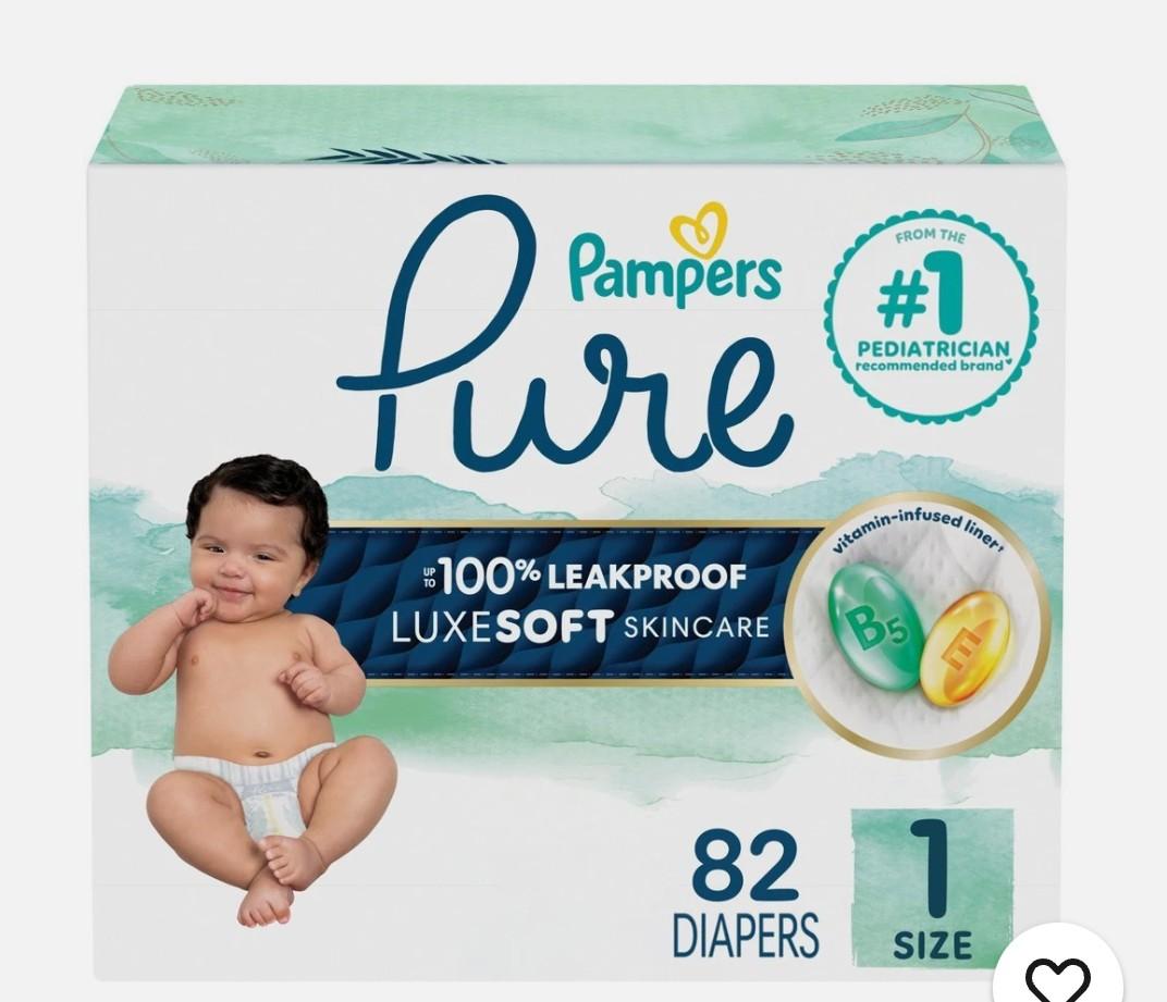 Pampers Diapers Size 1/Newborn, 82 Count - Pure Protection Disposable Baby Diapers, Hypoallergenic and Unscented Protection, Super Pack