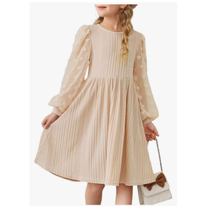 Girls Fall Long Sleeve Knit Dresses Casual Crewneck Swiss Dot A-line Dress, 14-15 Years