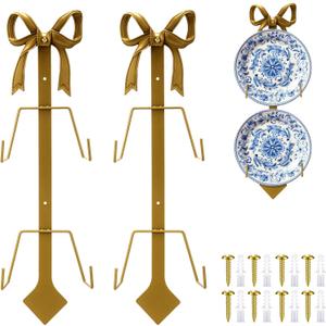 Zonon 2 Pack Gold Bow Plate Holder for Wall Bow Knot Iron Easel Display Rack Wall Mount Metal Plate Hanger Stand for Hanging Photo Frame Art Plaque for Cabinet Kitchen Counter Bar Cafe (18.5 x 7 Inch)