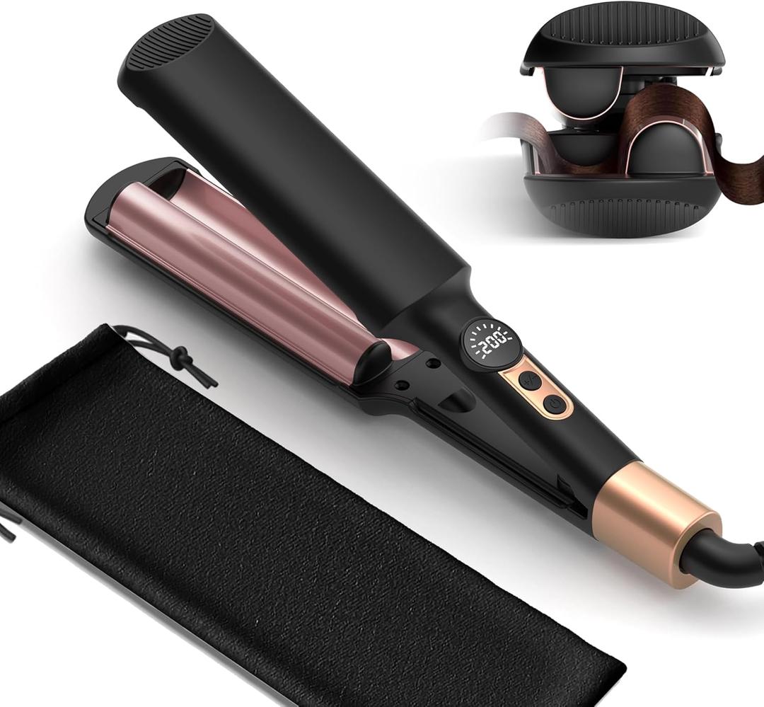 Mini Waver Curling Iron, Travel Hair Crimper and Waver Tool for Women Short Hair Double Barrel Curling Iron Portable, Dual Voltage, 5 Temps Anti-scalding for Date Work Daily Styling (Pink)
