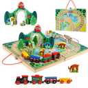 Joqutoys 18 Piece Train Set for Toddlers, Wooden Take-Along Tabletop Railroad for Kids Age 3+, Portable Durable Train Tracks Train Toys with 4 Trains, Bridge, Play Pieces