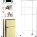 Tioncy 3 Tier Mini Fridge Shelf Microwave Stand Adjustable Fridge Storage Rack with Lockable Wheels and 8 Hook Multilayer Metal Shelving Organizer for Dorm Apartment Kitchen Office Bathroom(White)