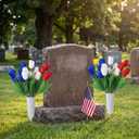Thiccywoov 2 Sets Memorial Day Flowers for Cemetery Artificial Patriotic Cemetery Flowers for Grave Red White Blue Tulips with Vase for Independence Day Veterans Grave