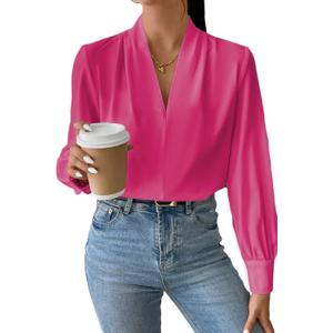 EVALESS Work Blouses for Women Long Sleeve Blouses Business Spring Top Womens V Neck Office Shirts (Pink, L)
