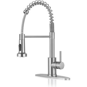 DJS Kitchen Faucets with Pull Down Sprayer Brushed Nickel High Arc Single Handle 1 or 3 Holes Spring Kitchen Sink Faucet with Deck Plate for Farmhouse RV Vessel Basin