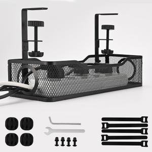 Under Desk Cable Management Tray  Clamp-On Metal Desk Organizer for Under Cable Organizer and Power Cord Storage  Sturdy and Easy Installation  Ideal for Home Office Desks (Black)