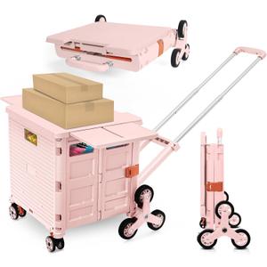 Foldable Utility Cart with Stair Climbing Wheels, Collapsible Rolling Crate with Magnetic Lid Telescopic Cover, Adjustable Telescoping Handle, 360° Rotate Wheel Hand Cart for Teacher Shopping Moving (Pink)