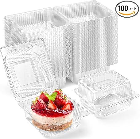 Zezzxu 100 Pack Clear Plastic Take Out Food Containers, Square Cake Slice Containers with Hinged Lids, Disposable To Go Boxes for Cookies, Desserts, Fruits, Salads, Sandwiches